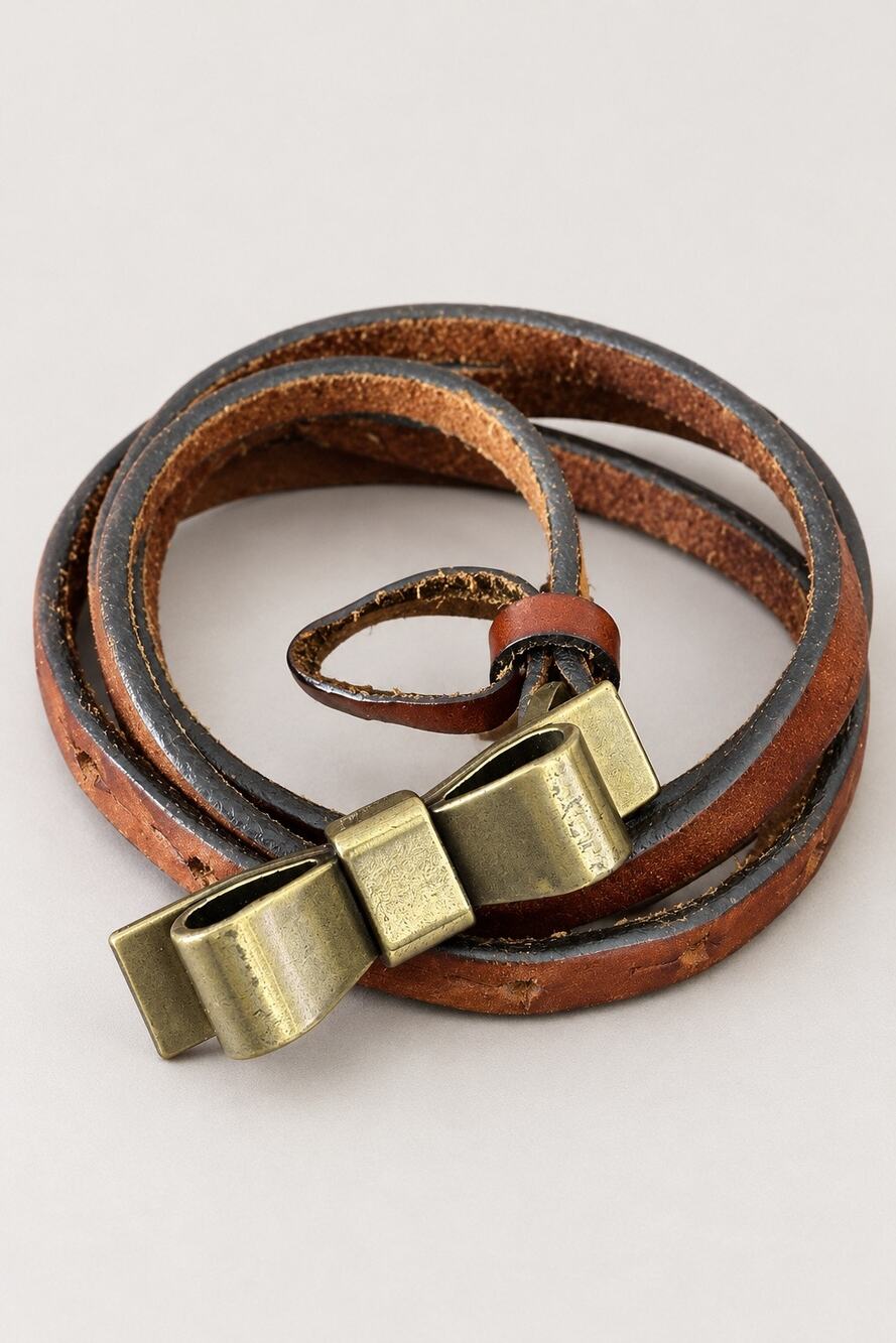 Vintage Gap Genuine Cow Leather Skinny Belt Brown Brass Bow Buckle Size S
